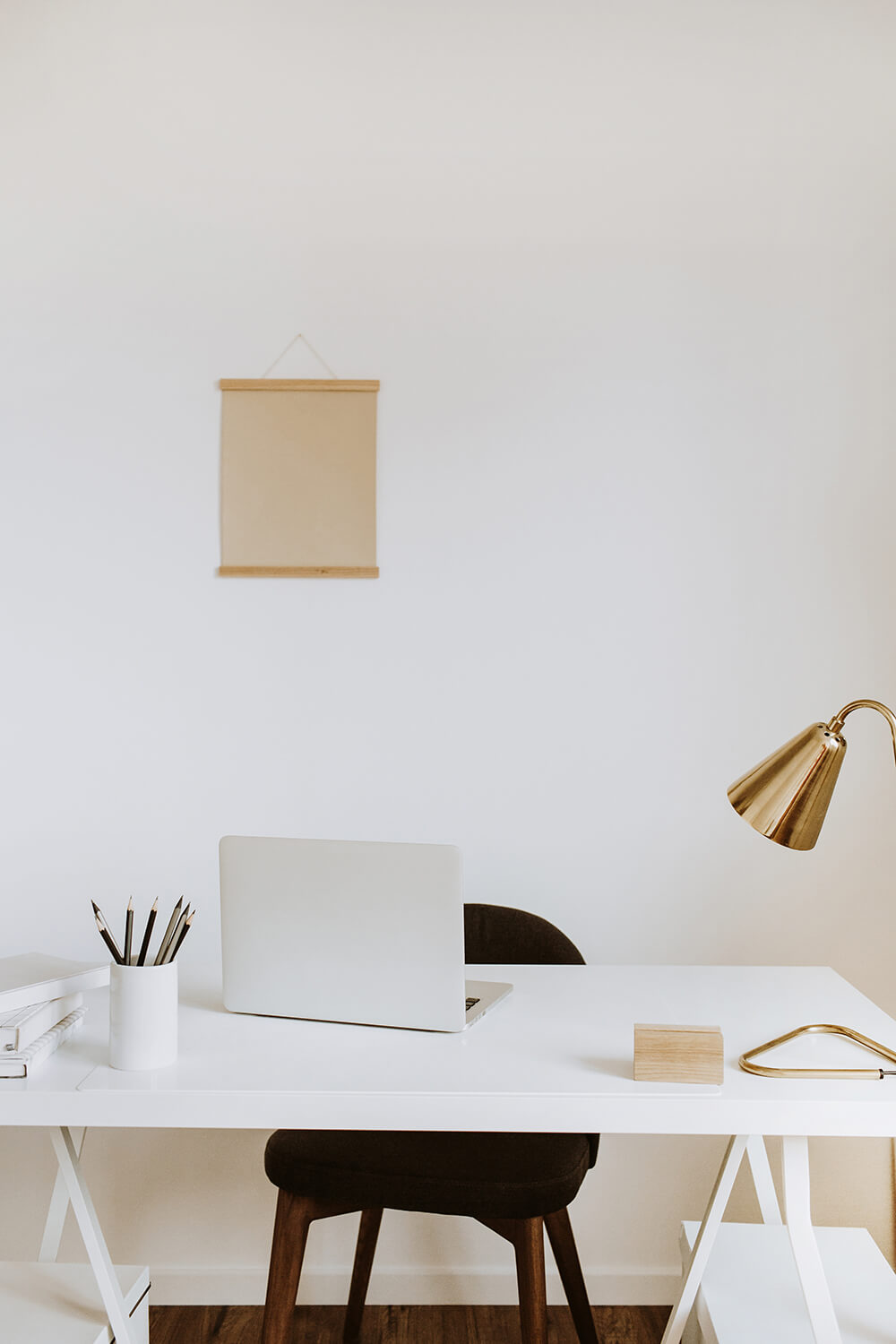 home office workspace with desk lamp no clutter comfortable chair tidy neat light